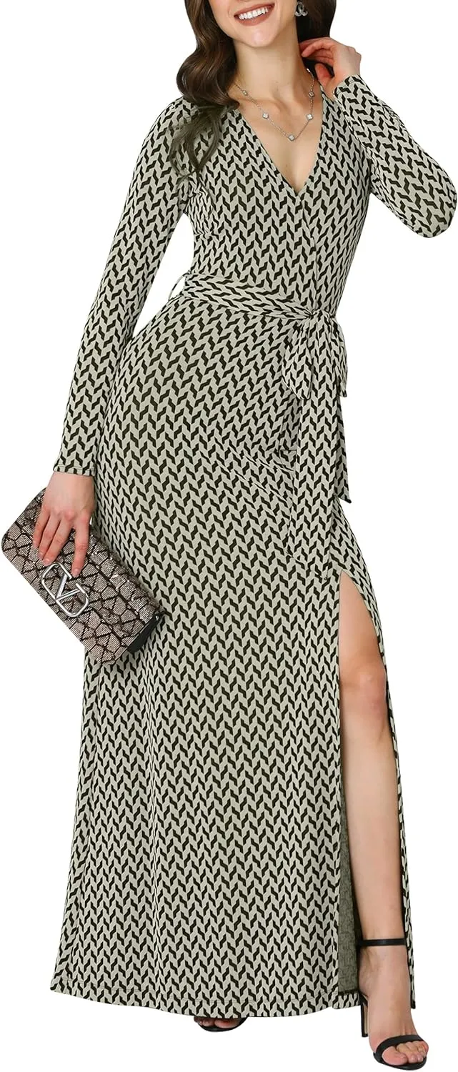 KOH KOH Womens Long Sleeve V-Neck High Slit Cocktail Evening Gown Maxi Dress