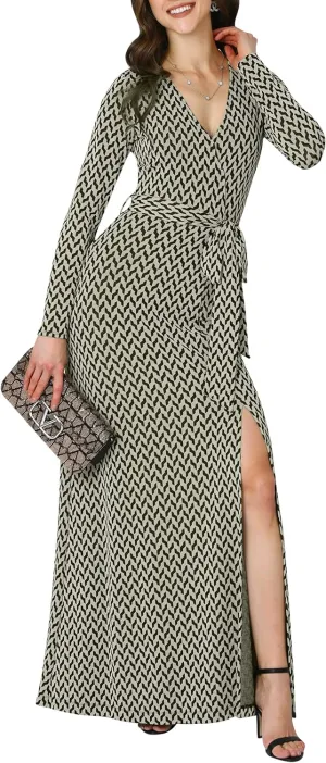 KOH KOH Womens Long Sleeve V-Neck High Slit Cocktail Evening Gown Maxi Dress