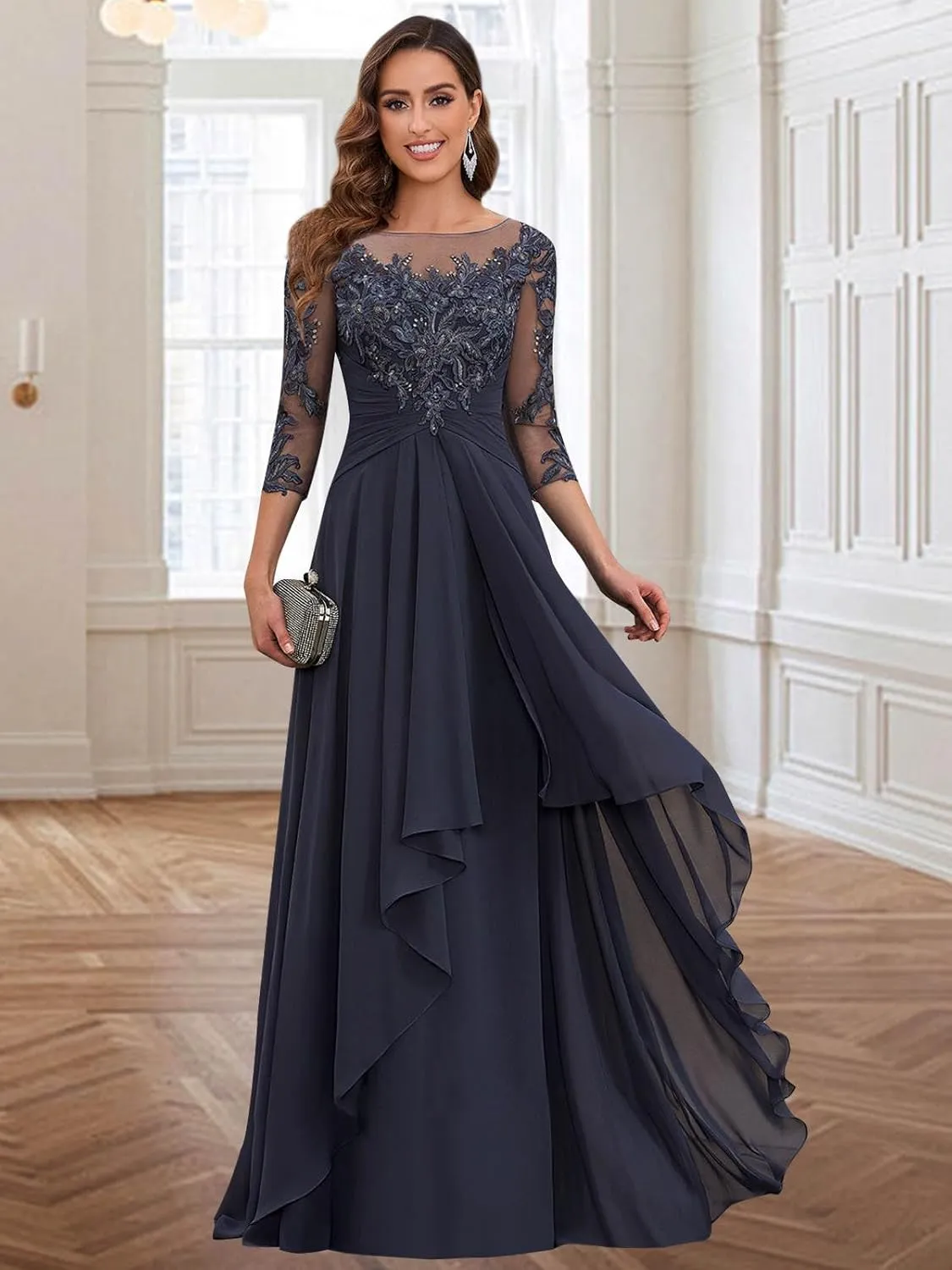 Lace Appliques Mother of The Bride Dresses for Wedding with Sleeves Chiffon Aline Formal Evening Gowns