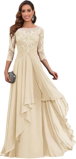 Lace Appliques Mother of The Bride Dresses for Wedding with Sleeves Chiffon Aline Formal Evening Gowns