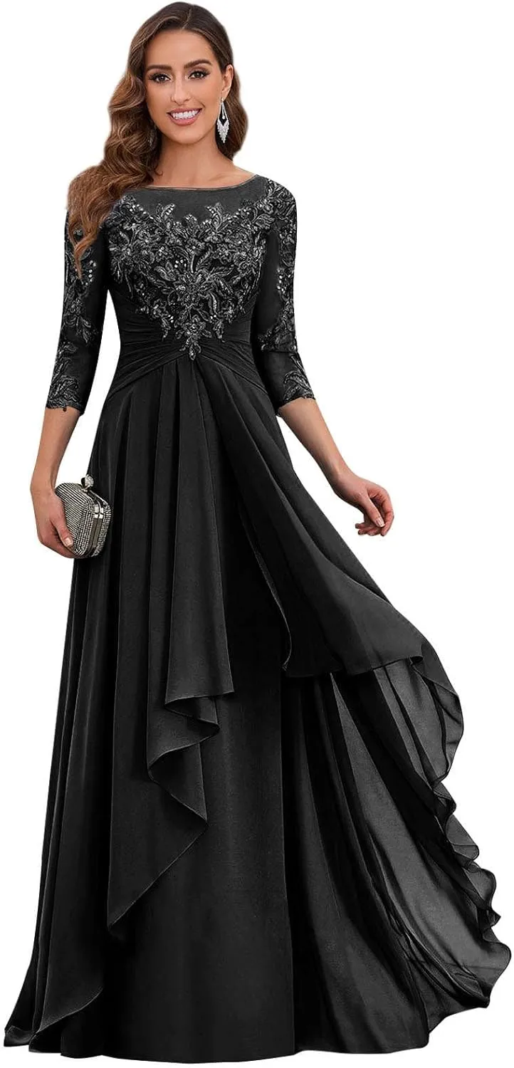 Lace Appliques Mother of The Bride Dresses for Wedding with Sleeves Chiffon Aline Formal Evening Gowns