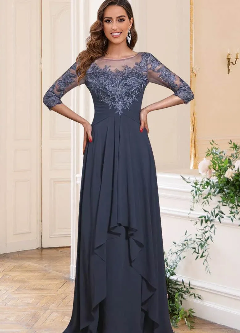 Lace Appliques Mother of The Bride Dresses for Wedding with Sleeves Chiffon Aline Formal Evening Gowns