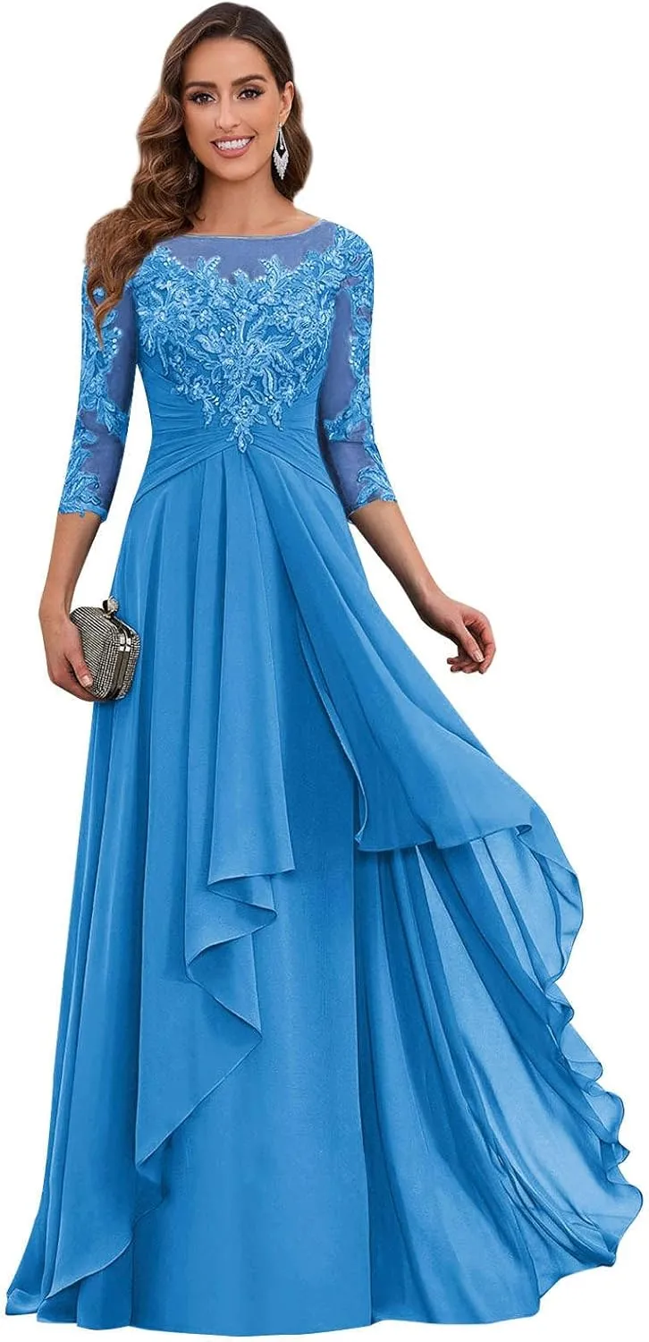 Lace Appliques Mother of The Bride Dresses for Wedding with Sleeves Chiffon Aline Formal Evening Gowns