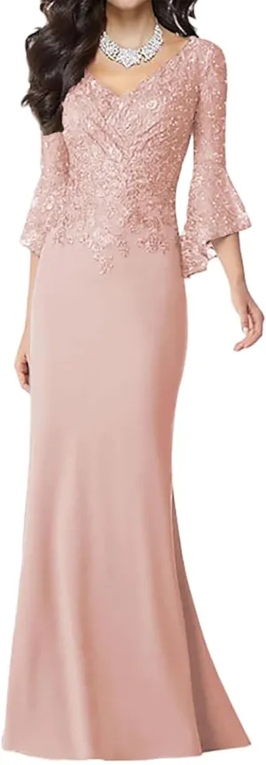 Lace Mother of The Bride Dresses for Women 3/4 Sleeve Appliques Mermaid Floor Length Formal Evening Dresses V Neck