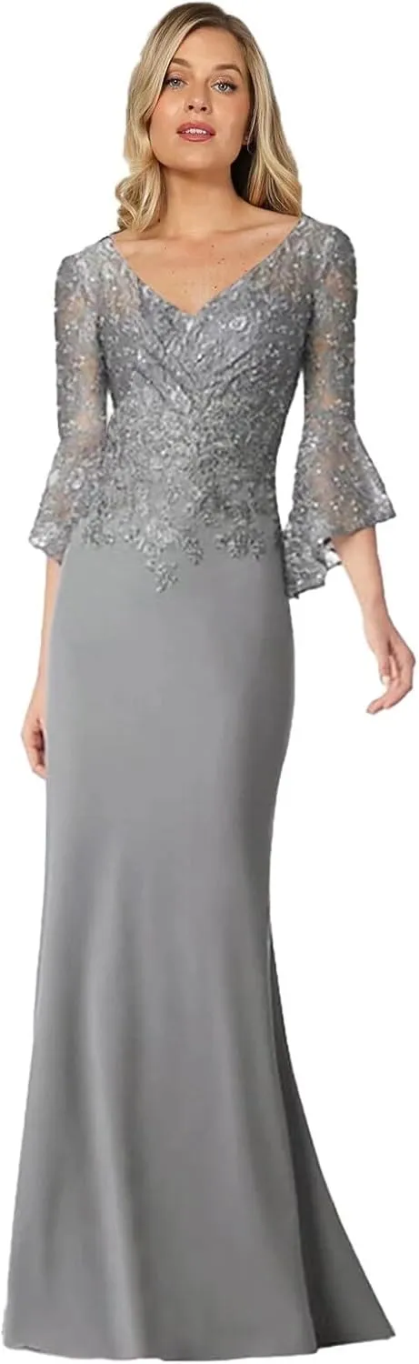Lace Mother of The Bride Dresses for Women 3/4 Sleeve Appliques Mermaid Floor Length Formal Evening Dresses V Neck