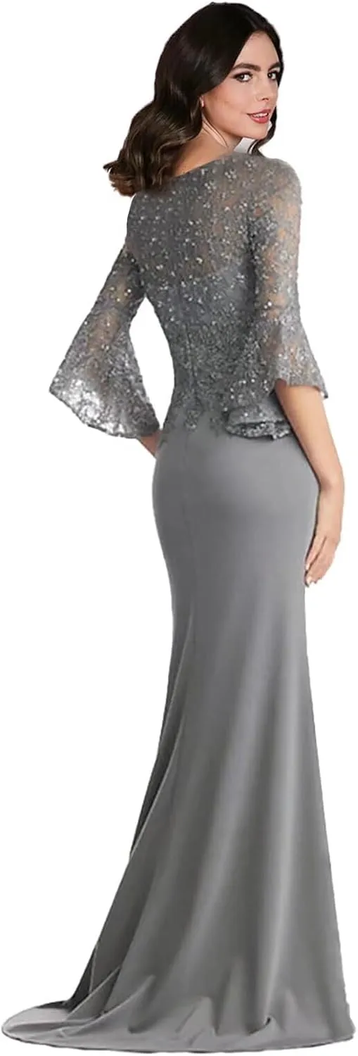 Lace Mother of The Bride Dresses for Women 3/4 Sleeve Appliques Mermaid Floor Length Formal Evening Dresses V Neck