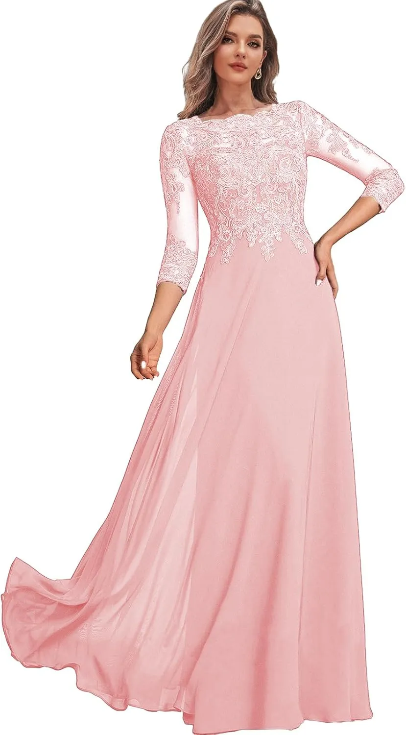 Lace Mother of The Bride Dresses with Sleeves Chiffon Wedding Party Dress for Women Long Formal Gown