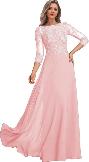 Lace Mother of The Bride Dresses with Sleeves Chiffon Wedding Party Dress for Women Long Formal Gown