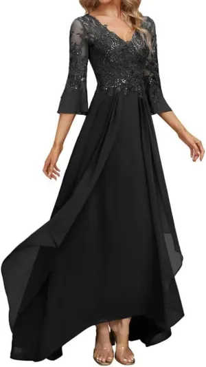Lace Sequin Mother of The Bride Dress Chiffon Evening Dress Long Mother of The Groom Dresses with Bell Sleeves MK46