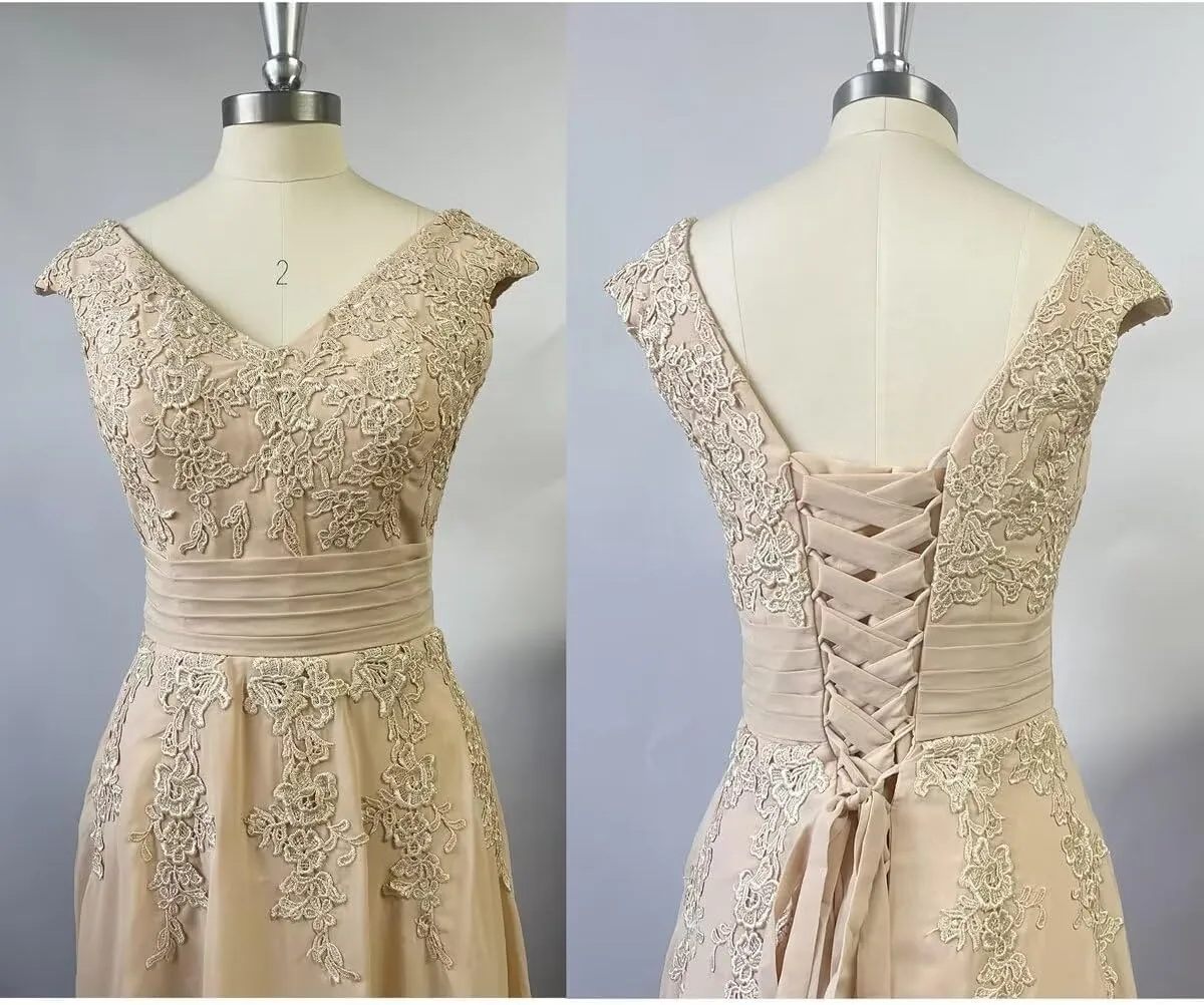 Laces Mother of Bride Dress for Women V-Neck Chiffon Long Formal Evening Party Dress ZS19