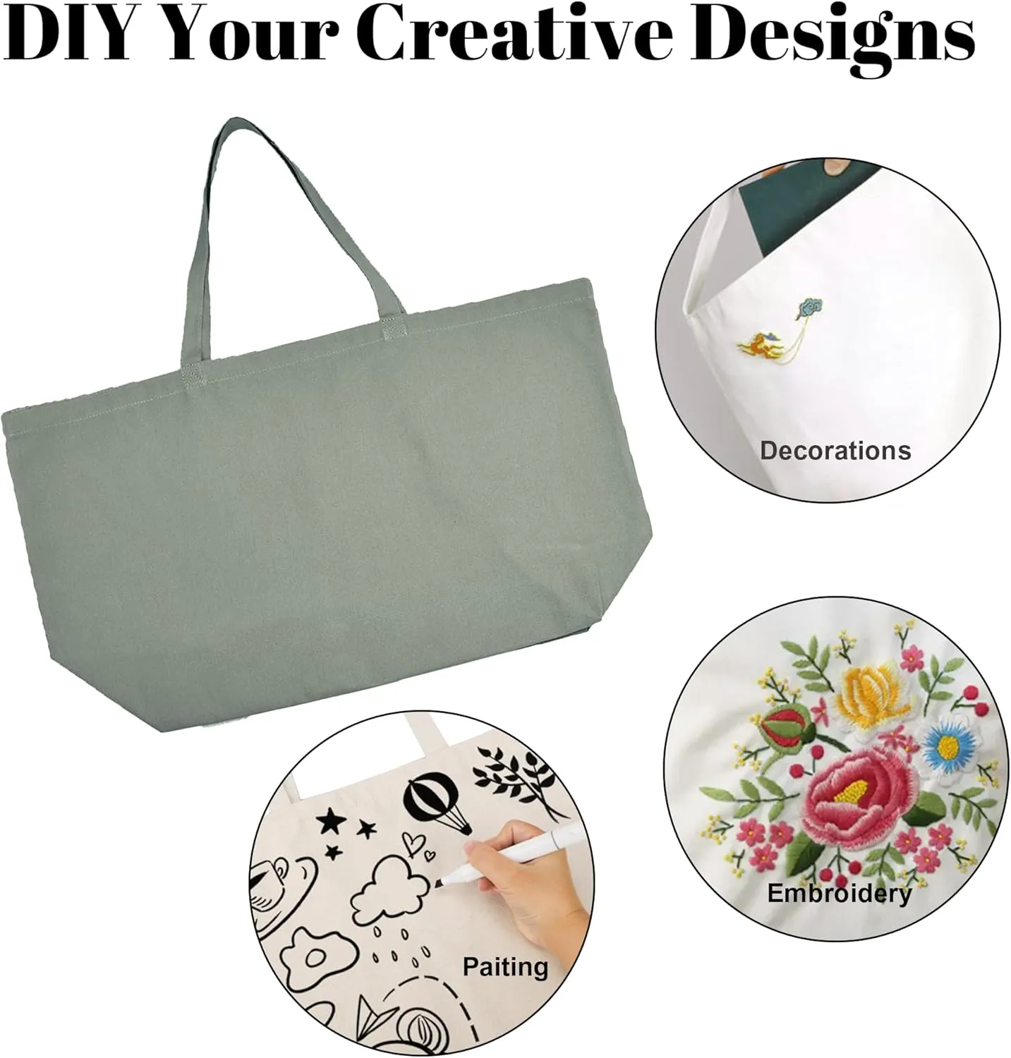 Large Canvas Tote Bag - Reusable Grocery Bag Foldable Heavy Duty Shopping Bag for DIY Art Crafts Painting Embroidery