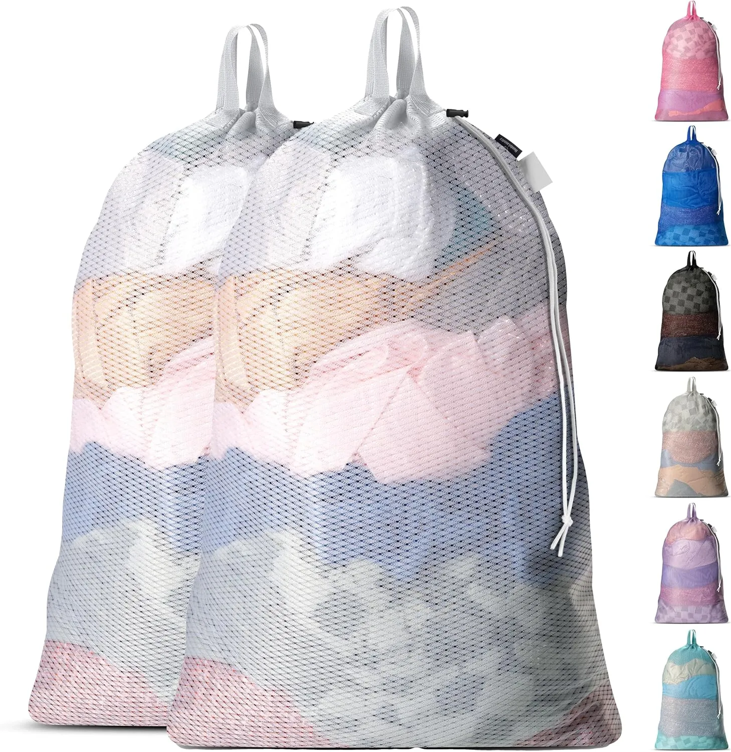 Large Mesh Laundry Bag - 2-PACK - Carry Handles, Secure Drawstring Closure, Machine Washable, Spacious Storage, Durable Soft Mesh Net Material, College Dorm, Camp, Laundromat. (White)