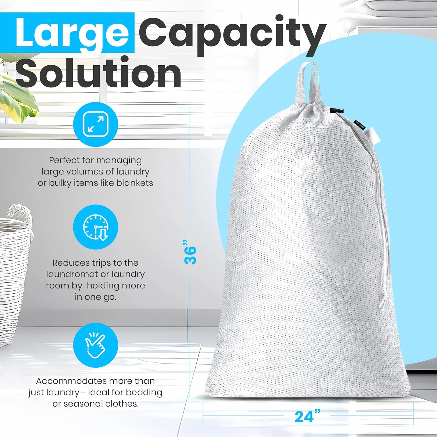 Large Mesh Laundry Bag - 2-PACK - Carry Handles, Secure Drawstring Closure, Machine Washable, Spacious Storage, Durable Soft Mesh Net Material, College Dorm, Camp, Laundromat. (White)