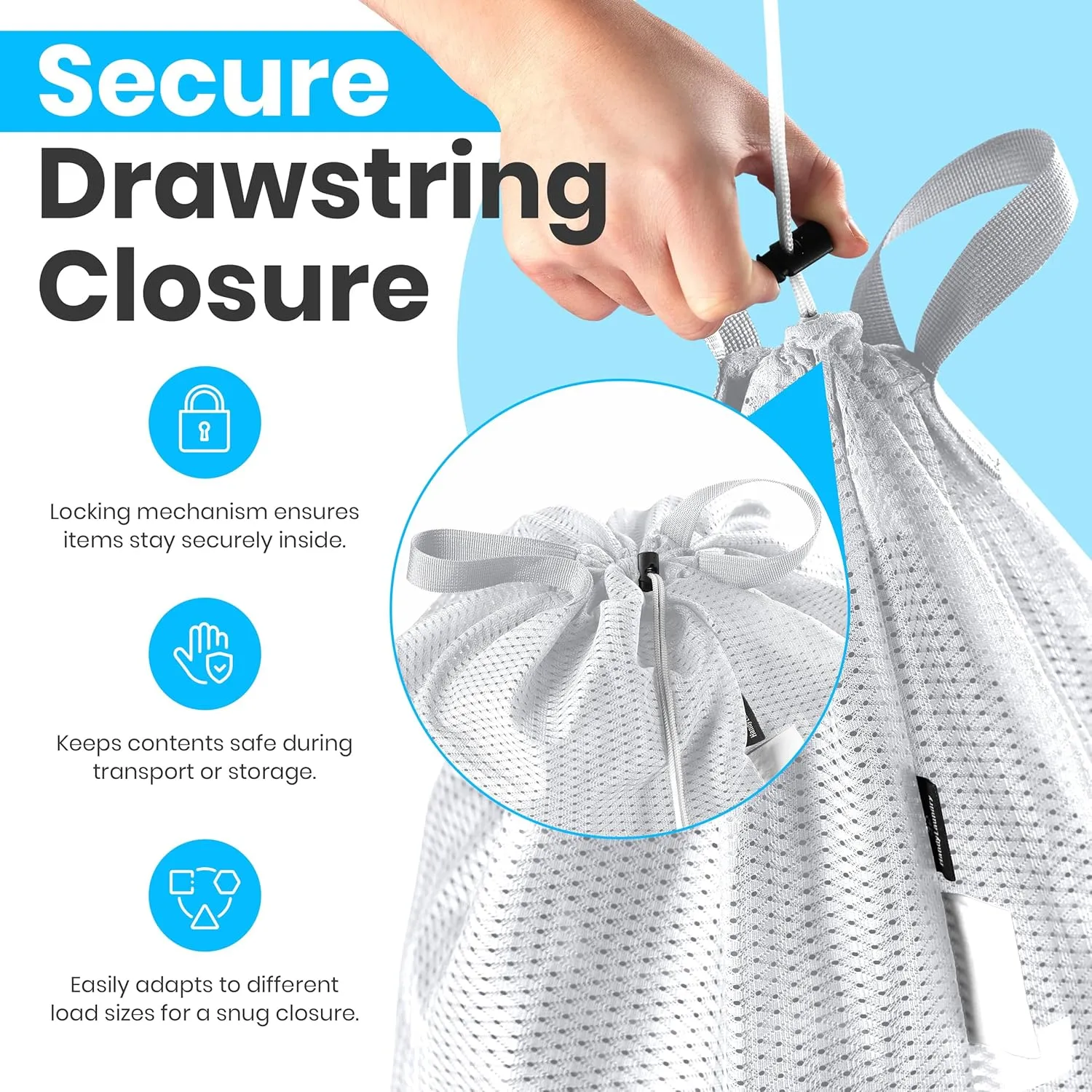 Large Mesh Laundry Bag - 2-PACK - Carry Handles, Secure Drawstring Closure, Machine Washable, Spacious Storage, Durable Soft Mesh Net Material, College Dorm, Camp, Laundromat. (White)