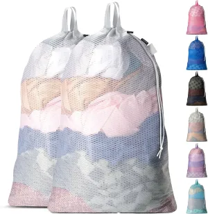 Large Mesh Laundry Bag - 2-PACK - Carry Handles, Secure Drawstring Closure, Machine Washable, Spacious Storage, Durable Soft Mesh Net Material, College Dorm, Camp, Laundromat. (White)