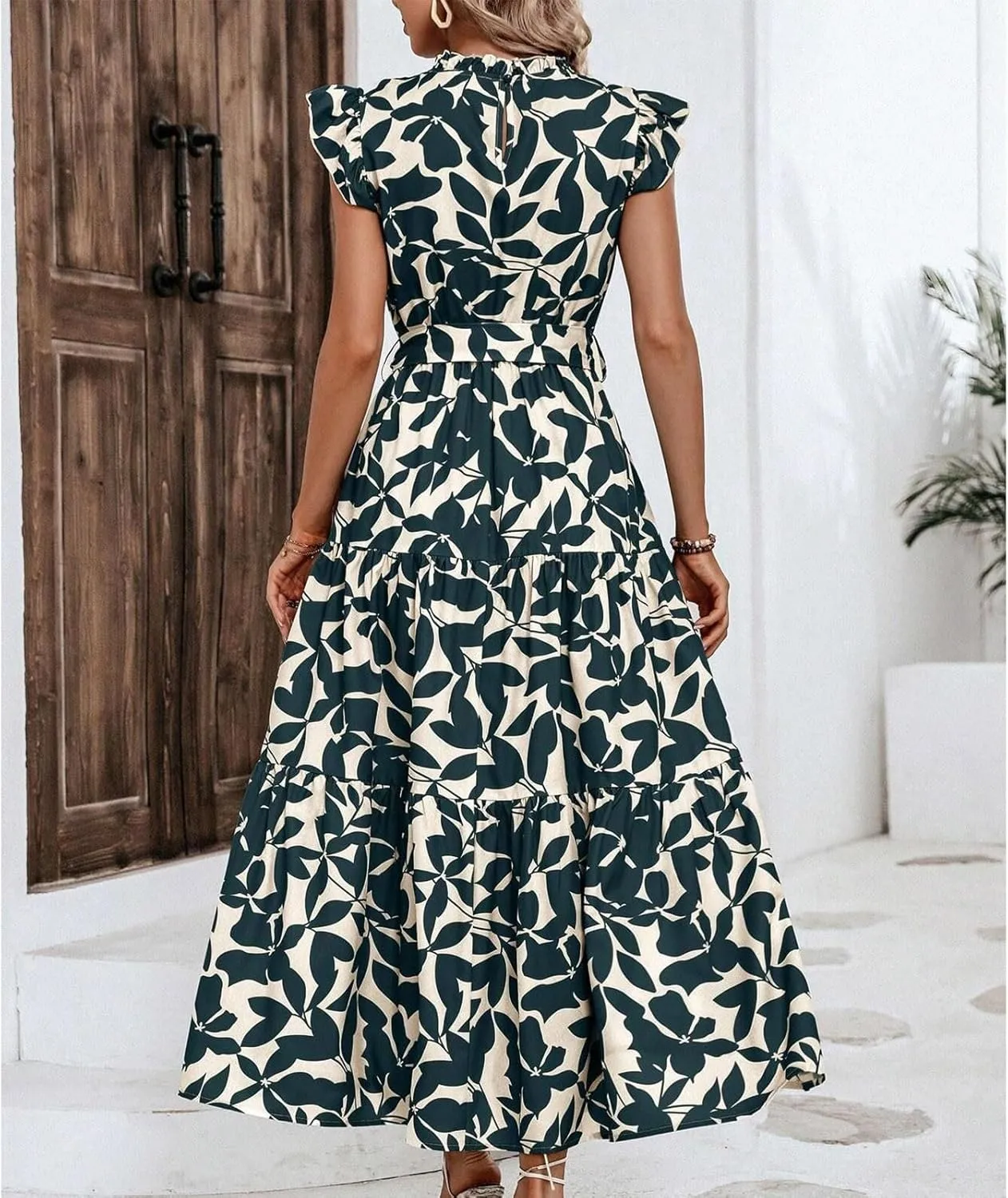 Lastesso Sundresses for Women 2024 Ruffle Cap Sleeve High Neck Dresses Trendy Printing Tie Summer Long Dress with Tie Waist