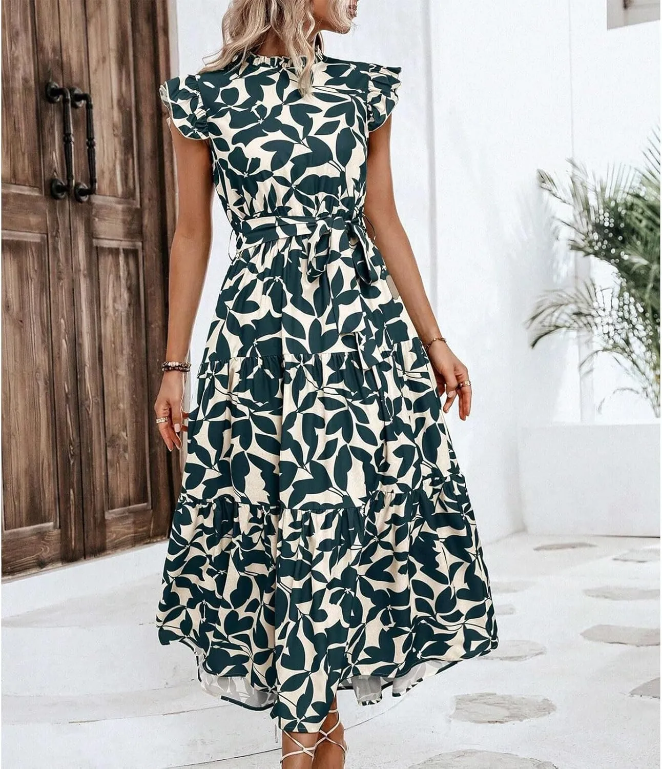 Lastesso Sundresses for Women 2024 Ruffle Cap Sleeve High Neck Dresses Trendy Printing Tie Summer Long Dress with Tie Waist