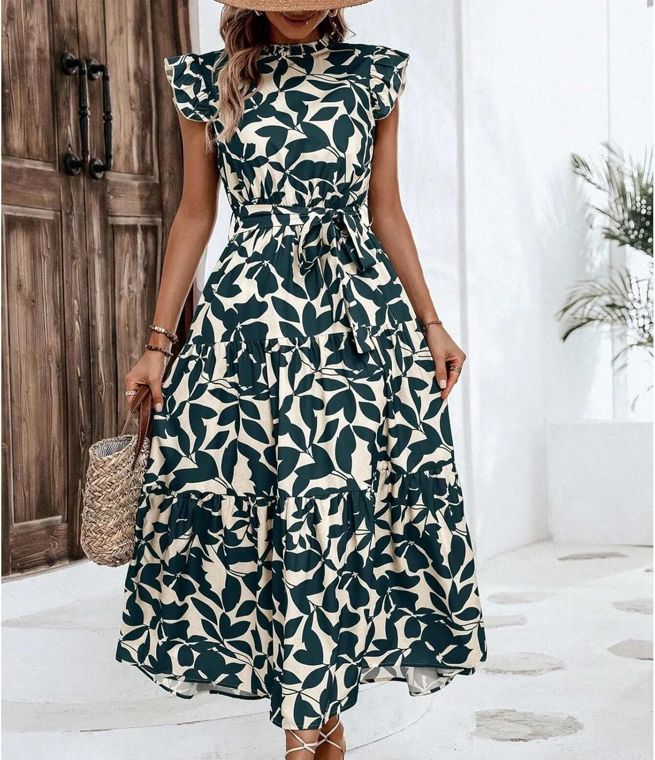 Lastesso Sundresses for Women 2024 Ruffle Cap Sleeve High Neck Dresses Trendy Printing Tie Summer Long Dress with Tie Waist