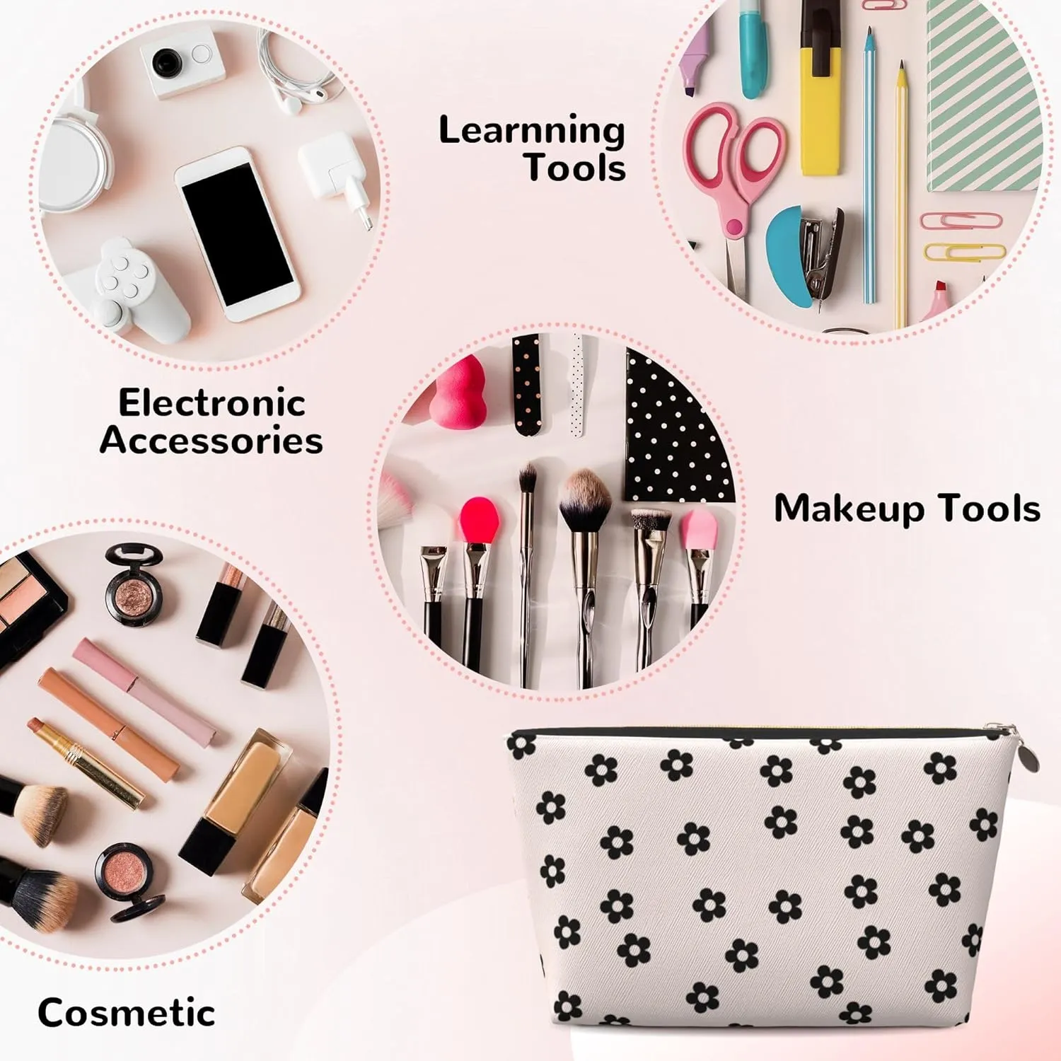 Leather Makeup Bag Travel Cosmetic Bag Small Makeup Bag for Women,Toiletry Bag Accessories Organizer-Black Flowers