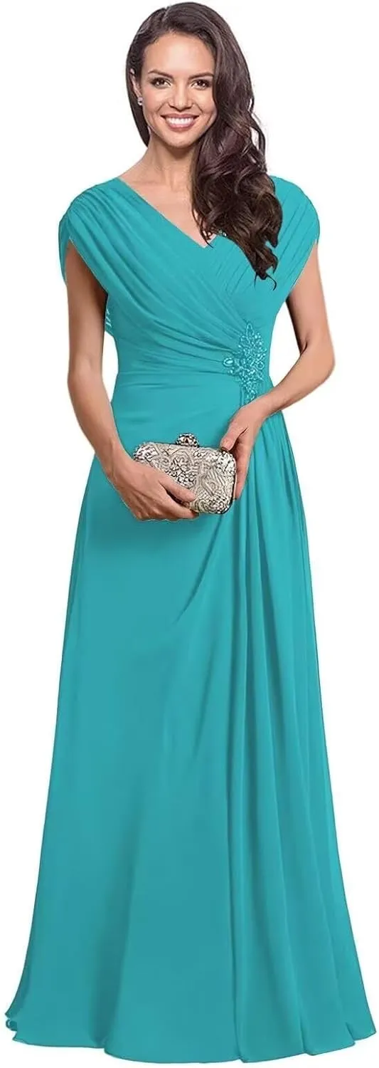 Leeskoot Chiffon Mother of The Bride Dresses with Sleeves V Neck Ruffles A Line Long Formal Wedding Guest Dress