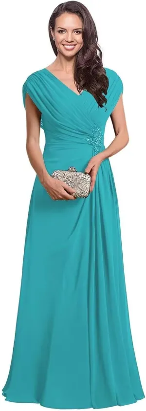 Leeskoot Chiffon Mother of The Bride Dresses with Sleeves V Neck Ruffles A Line Long Formal Wedding Guest Dress