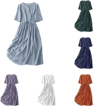 Linen Dresses for Women 2025 Summer Casual Long Maxi Dress Short Sleeve Button Down Shirt Sundresses Boho Beach Dress