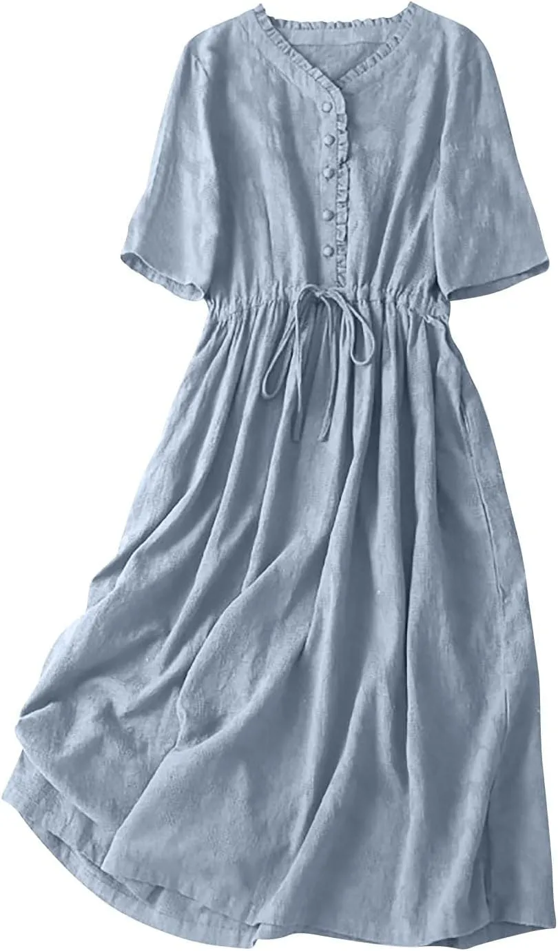 Linen Dresses for Women 2025 Summer Casual Long Maxi Dress Short Sleeve Button Down Shirt Sundresses Boho Beach Dress