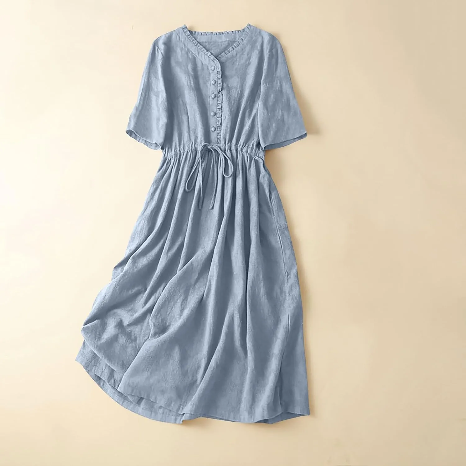 Linen Dresses for Women 2025 Summer Casual Long Maxi Dress Short Sleeve Button Down Shirt Sundresses Boho Beach Dress