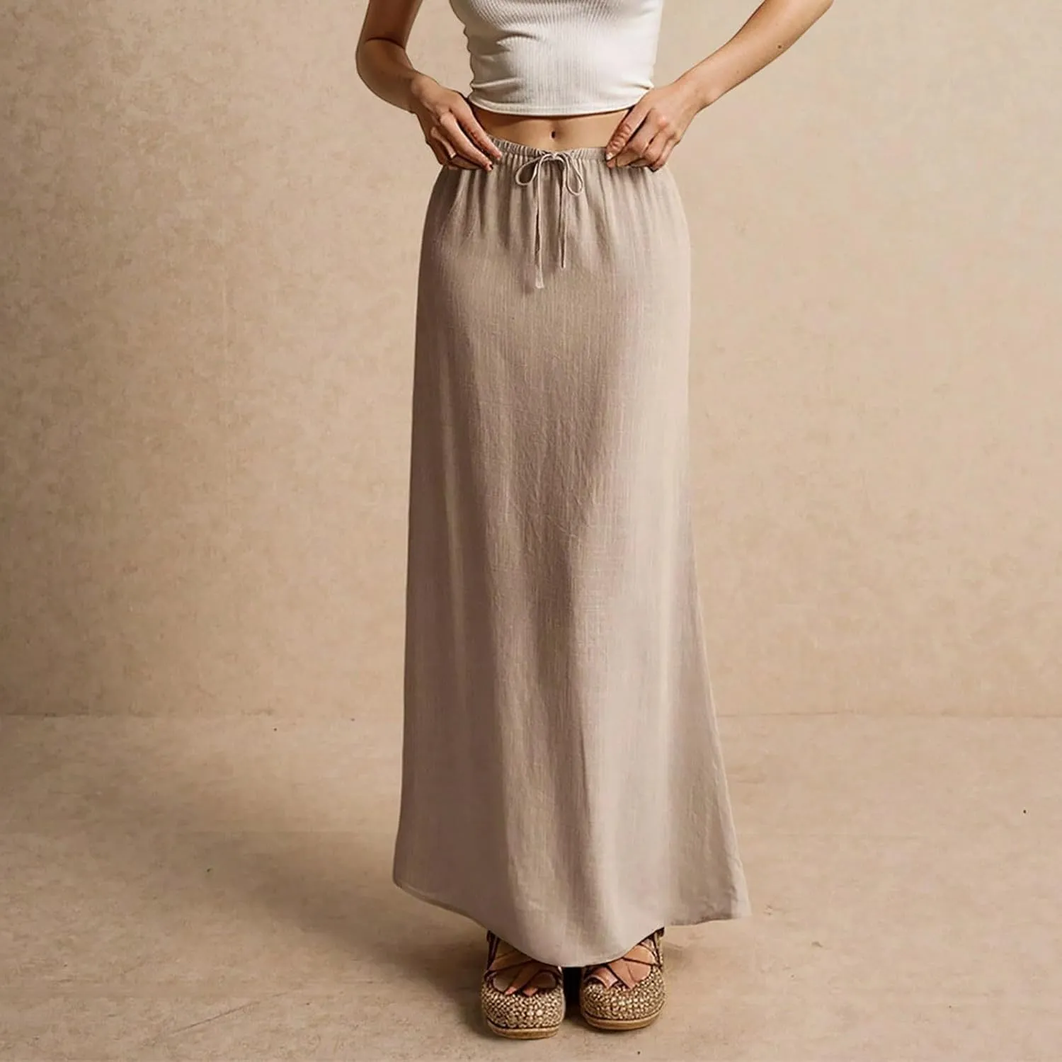 Linen Maxi Skirt for Women 2025 Summer Boho Flowy Long Skirts Drawstring Waist Y2k A Line Skirt Beach Cover Up Skirts