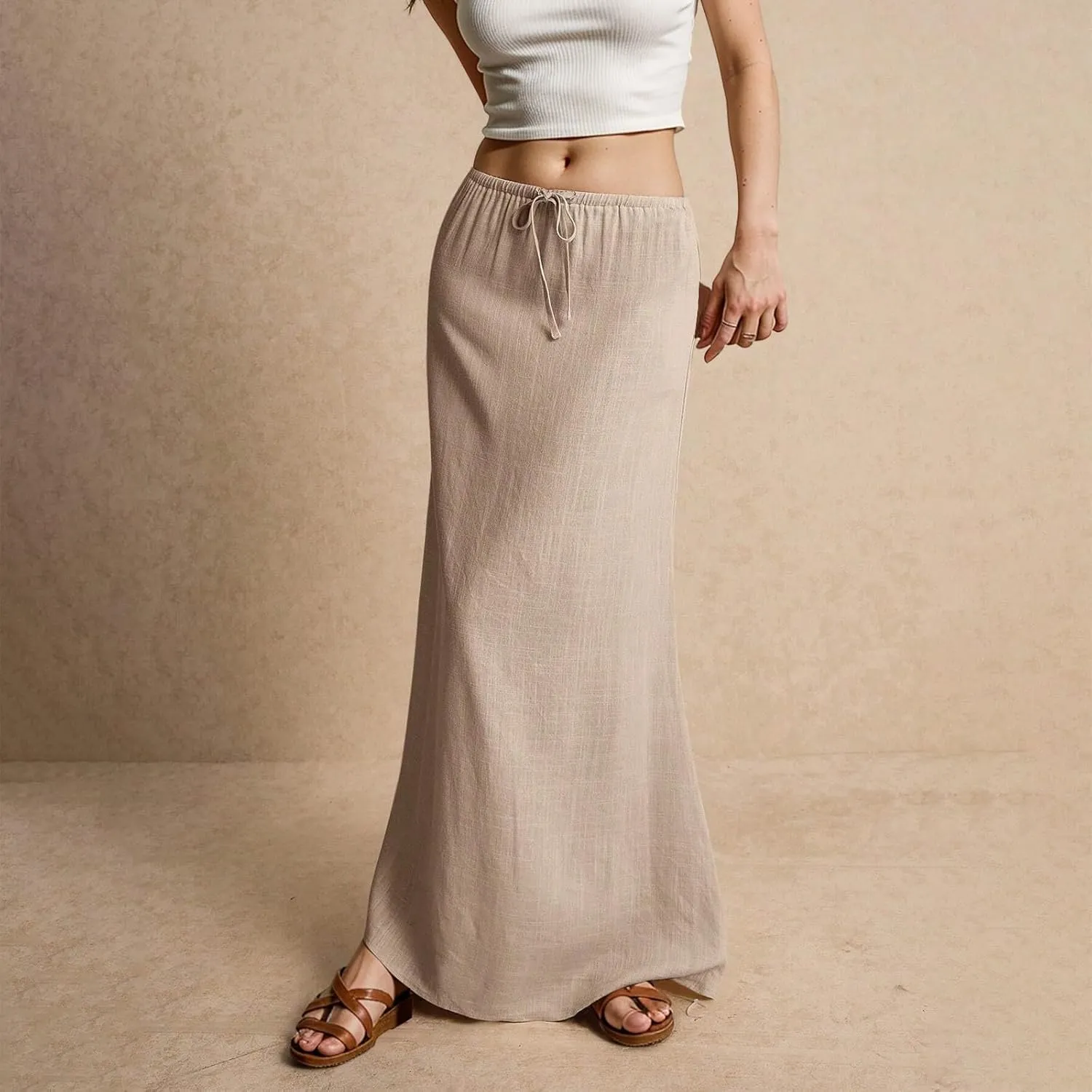 Linen Maxi Skirt for Women 2025 Summer Boho Flowy Long Skirts Drawstring Waist Y2k A Line Skirt Beach Cover Up Skirts
