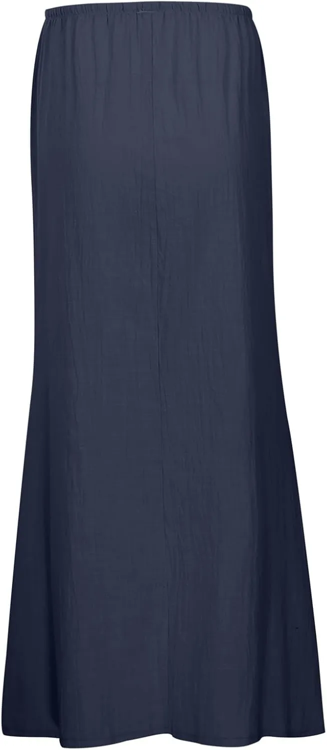 Linen Maxi Skirts for Women Drawstring High Waisted Lighweight Skirt Elastic Waisted Comfortable Straight Leg Skorts
