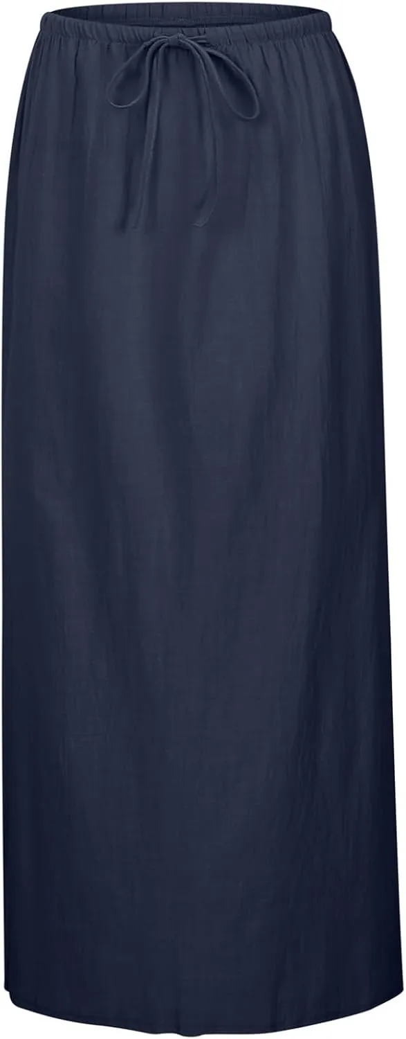 Linen Maxi Skirts for Women Drawstring High Waisted Lighweight Skirt Elastic Waisted Comfortable Straight Leg Skorts
