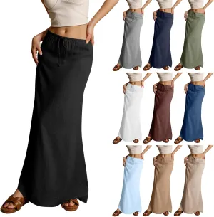 Linen Maxi Skirts for Women Trendy Summer Casual Drawstring Elastic Waist A Line Skirt Boho Beach Long Flowy Skirt