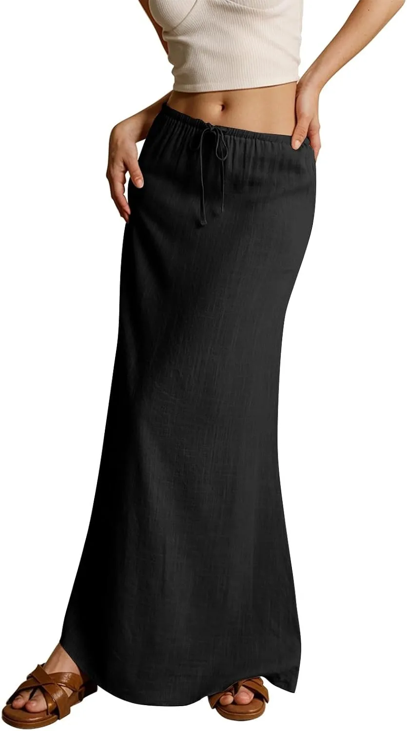 Linen Maxi Skirts for Women Trendy Summer Casual Drawstring Elastic Waist A Line Skirt Boho Beach Long Flowy Skirt