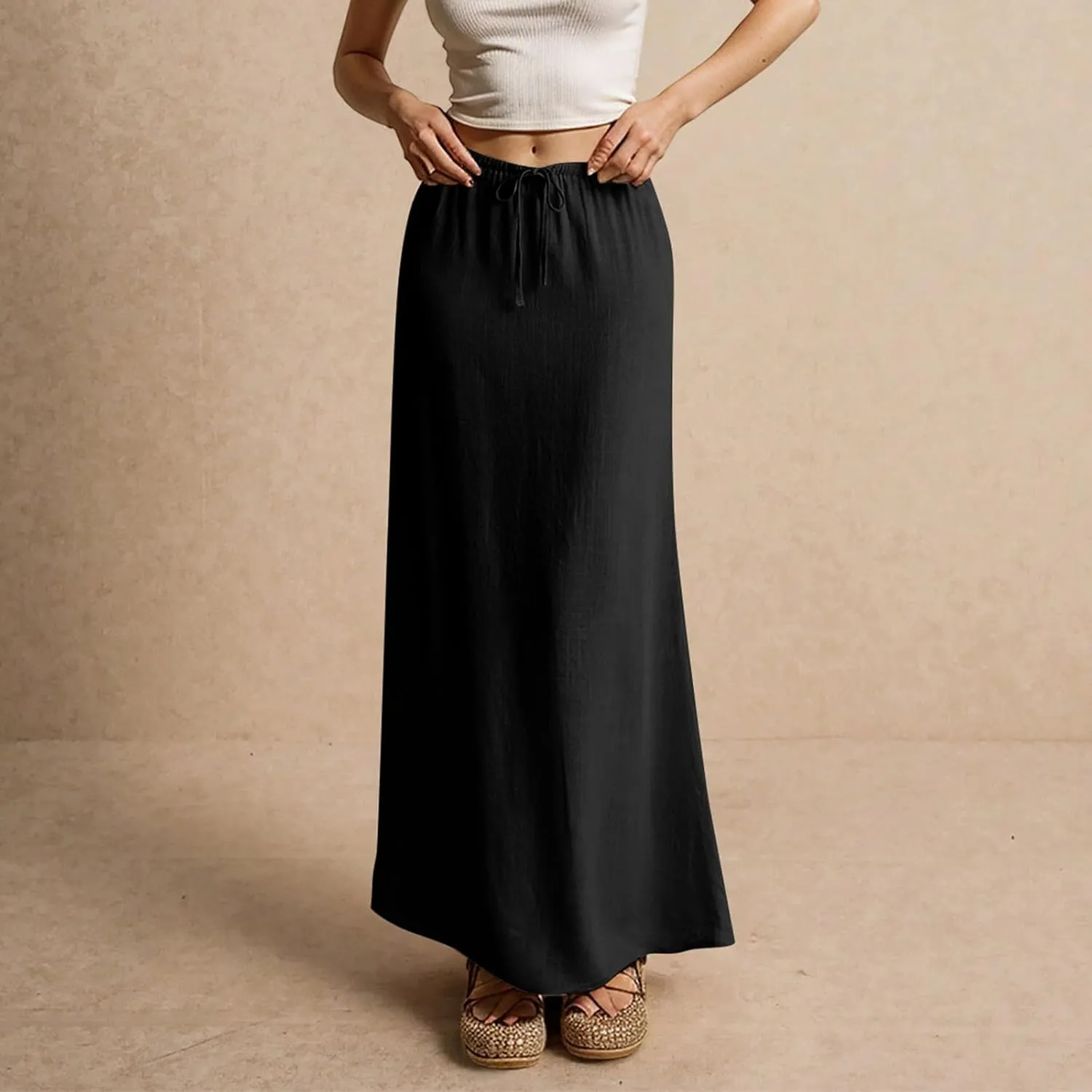 Linen Maxi Skirts for Women Trendy Summer Casual Drawstring Elastic Waist A Line Skirt Boho Beach Long Flowy Skirt