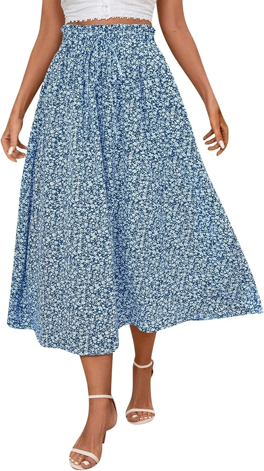 Linen Skirt for Women Summer Drawstring High Waisted Midi Skirt Smocked A Line Dressy Skirts Knee Length with Pockets