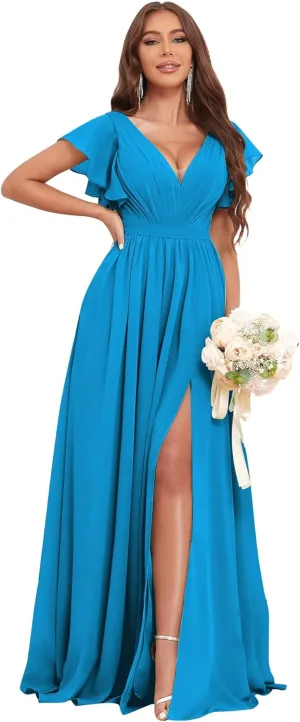 Long Bridesmaid Dresses for Women V Neck Short Sleeve Leg Slit A Line Corset Back Chiffon Maid of Honor Dress