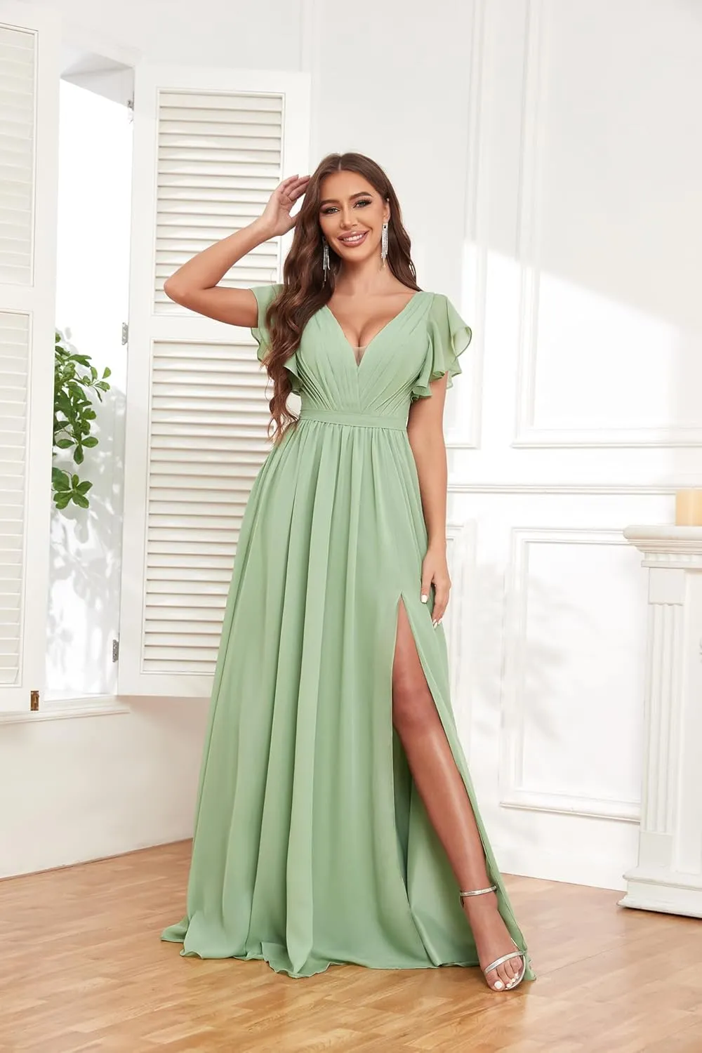 Long Bridesmaid Dresses for Women V Neck Short Sleeve Leg Slit A Line Corset Back Chiffon Maid of Honor Dress