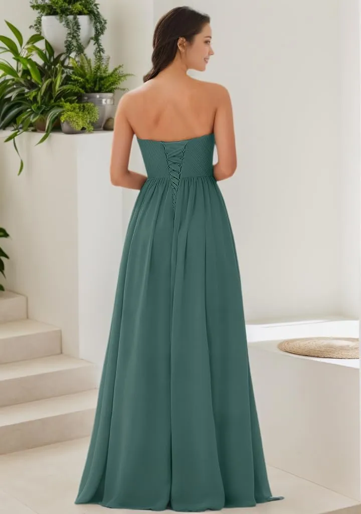 Long Chiffon Strapless Bridesmaid Dresses 2025 A Line Ruched Formal Evening Dresses for Wedding HGR89