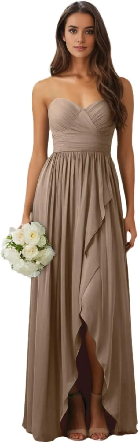 Long Chiffon Strapless Bridesmaid Dresses 2025 A Line Ruched Formal Evening Dresses for Wedding HGR89