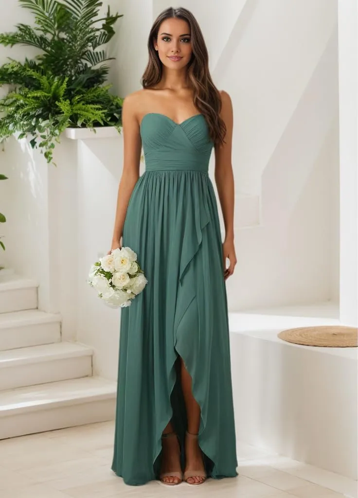 Long Chiffon Strapless Bridesmaid Dresses 2025 A Line Ruched Formal Evening Dresses for Wedding HGR89
