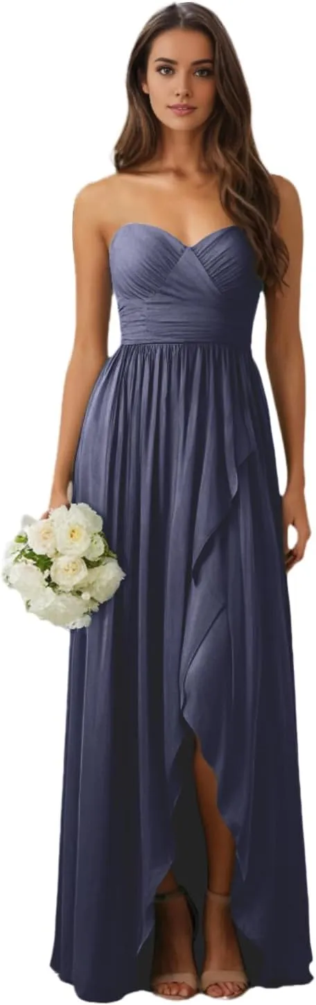 Long Chiffon Strapless Bridesmaid Dresses 2025 A Line Ruched Formal Evening Dresses for Wedding HGR89