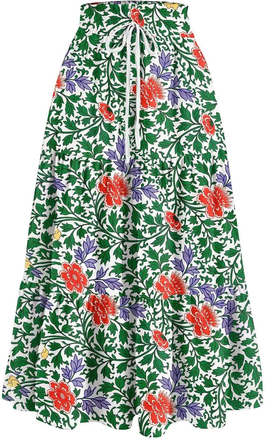 Long Skirts for Women Maxi Boho Summer Floral Print A Line Skirts Drawstring Elastic High Waist Pleated Tiered Skirt