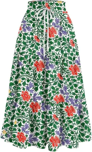 Long Skirts for Women Maxi Boho Summer Floral Print A Line Skirts Drawstring Elastic High Waist Pleated Tiered Skirt