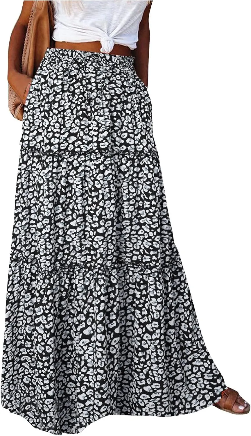 Long Skirts,Trendy Flowy Skirts for Women 2025 Elastic High Waisted Pleated Womens Boho Maxi Skirt with Pockets
