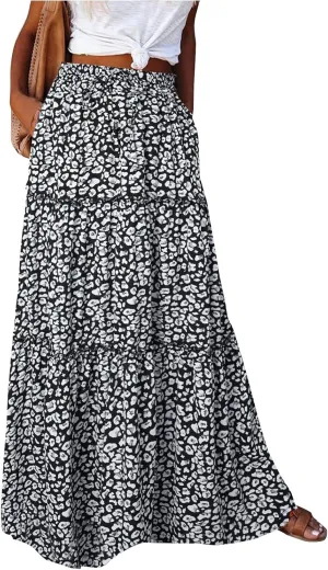 Long Skirts,Trendy Flowy Skirts for Women 2025 Elastic High Waisted Pleated Womens Boho Maxi Skirt with Pockets