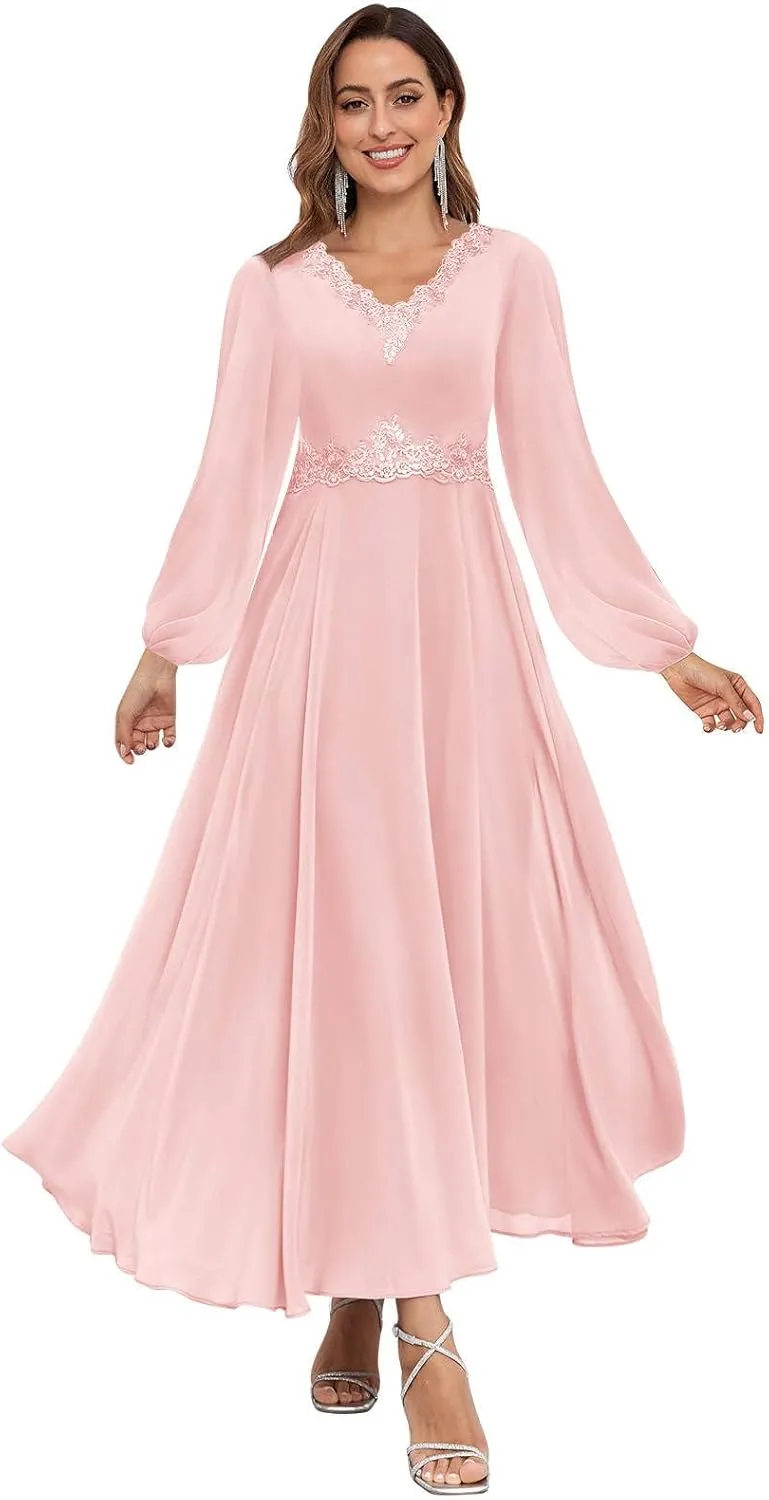 Long Sleeves Mother of The Bride Dresses Tea Length Lace Chiffon Formal Evening Wedding Guest Dress