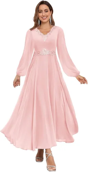 Long Sleeves Mother of The Bride Dresses Tea Length Lace Chiffon Formal Evening Wedding Guest Dress