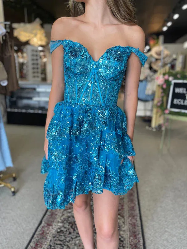 Luolandi A-Line Sweetheart Tiered Short Homecoming Dress Off Shoulder Sparkly Sexy