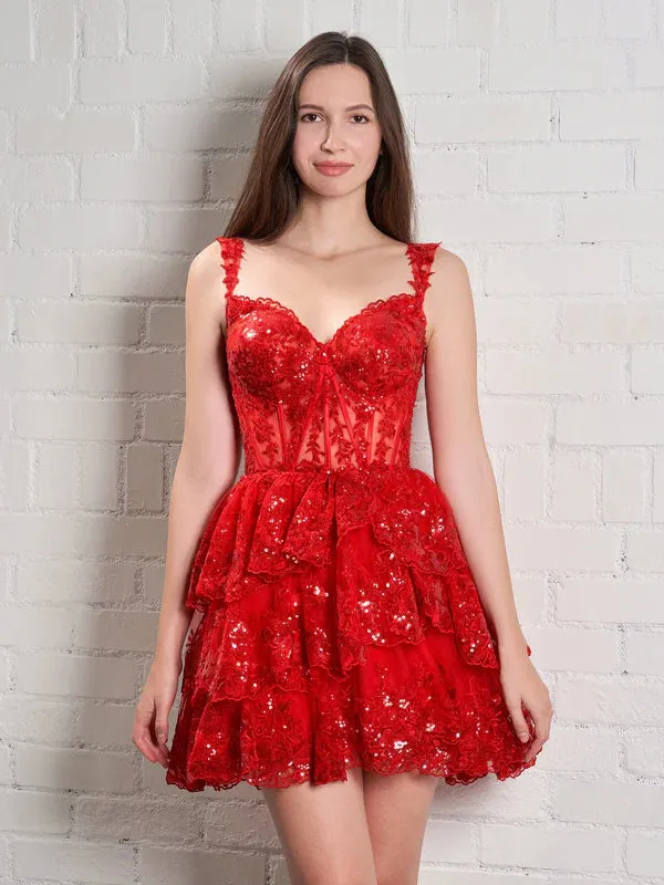Luolandi A-Line Sweetheart Tiered Short Homecoming Dress Off Shoulder Sparkly Sexy